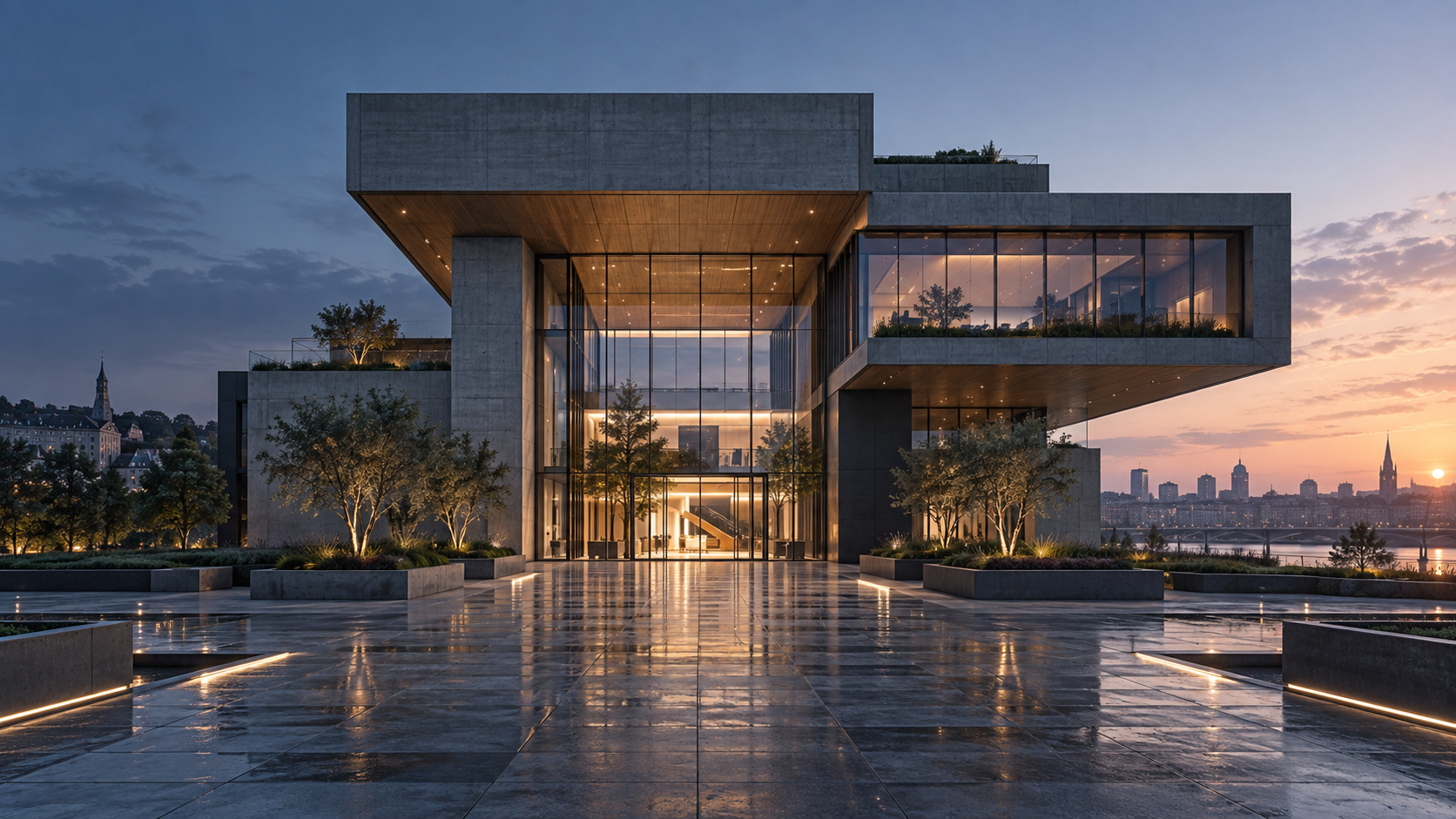 Illustration of a finished concrete and glass building